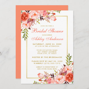 Invitación Elegante Coral Floral Gold Bridal Ducha
