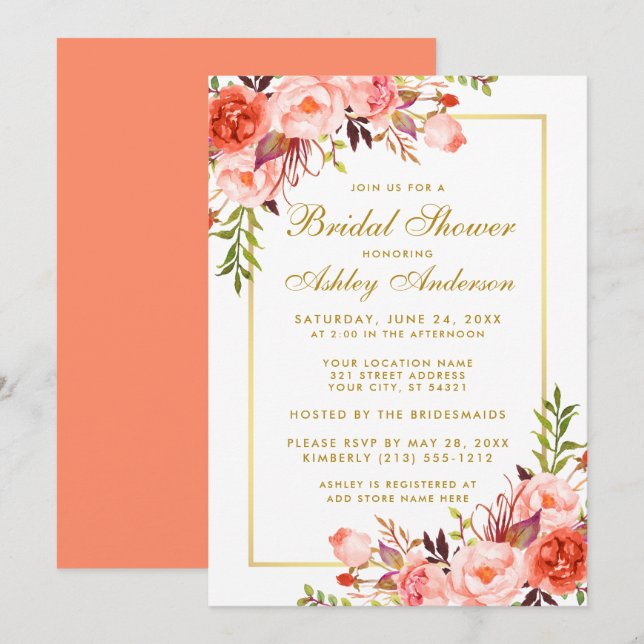 Invitación Elegante Coral Gold Floral Bridal Shower (Anverso / Reverso)