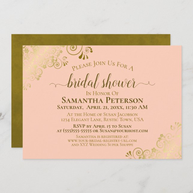Invitación Elegante Coral Peach Gold Lace Frills Bridal Showe (Anverso / Reverso)