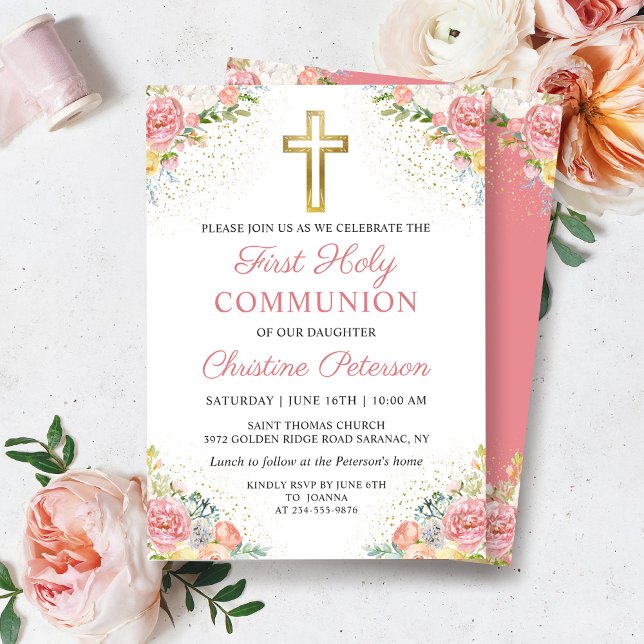 Invitación Elegante Coral Rosa Floral Primera Comunión Santa (Subido por el creador)