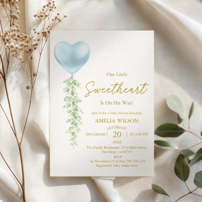 Invitación Elegante Corazón Azul Globo Cumpleaños Bebé Niño (Subido por el creador)