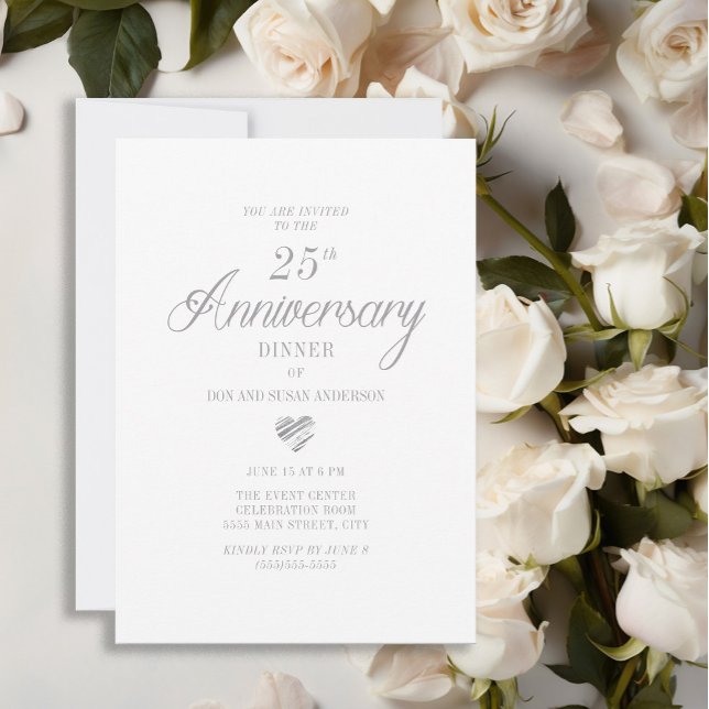 Invitación Elegante corazón blanco plateado 25 años (Elegant white 25th wedding anniversary invitation)