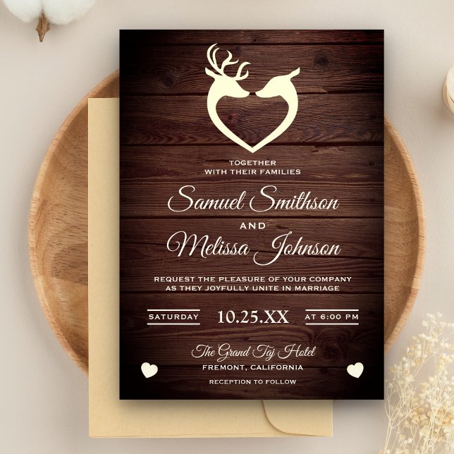 Invitación Elegante corazón de ciervo Rustic Wood Wedding Inv (Subido por el creador)
