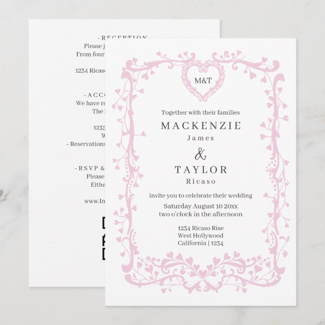 Invitación Elegante Corazón de Cuadro Francés de Boda de Rosa (Anverso / Reverso)