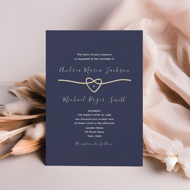 Invitación Elegante Corazón de Cuerda Naval y Dorado (Subido por el creador)