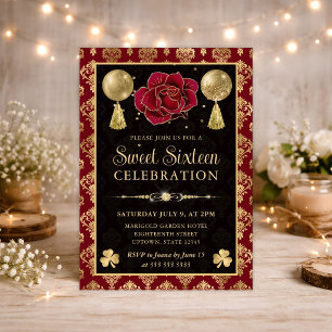 Invitación Elegante Corazón de Damasco Rojo y Dorado Cumple d