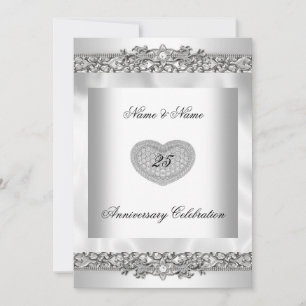 Invitación Elegante Corazón de Encaje Blanco Plateado 25 Aniv