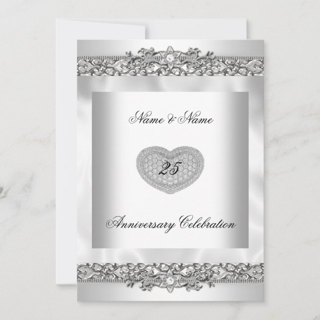 Invitación Elegante Corazón de Encaje Blanco Plateado 25 Aniv (Anverso)