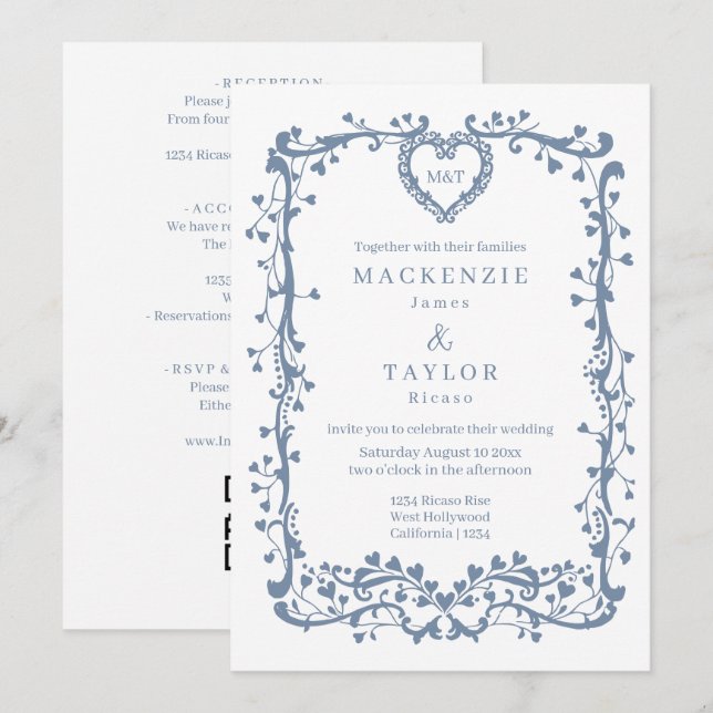 Invitación Elegante Corazón de Marco Francés de Boda de Azul  (Anverso / Reverso)
