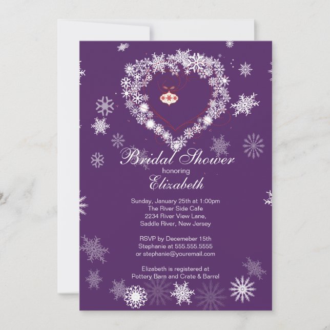 Invitación Elegante Corazón de Nieve Purpl, Ducha De Novias D (Anverso)