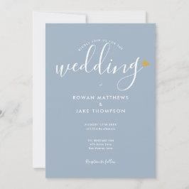 Invitación Elegante Corazón de Oro Boda en Script Azul Polvor