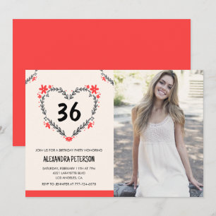 Invitación Elegante Corazón Floral Rojo para su cumpleaños 36