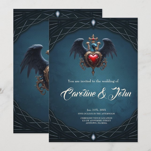 Invitación Elegante corazón gótico con pájaro de fantasía. (Anverso / Reverso)