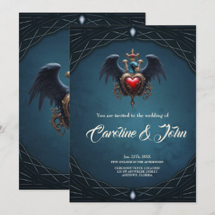 Invitación Elegante corazón gótico con pájaro de fantasía.