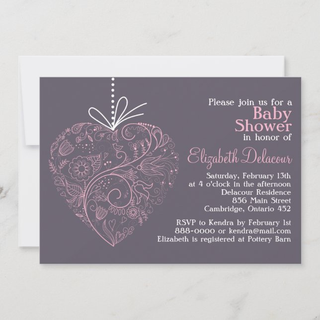 Invitación Elegante Corazón Ornament Purple Baby Shower (Anverso)