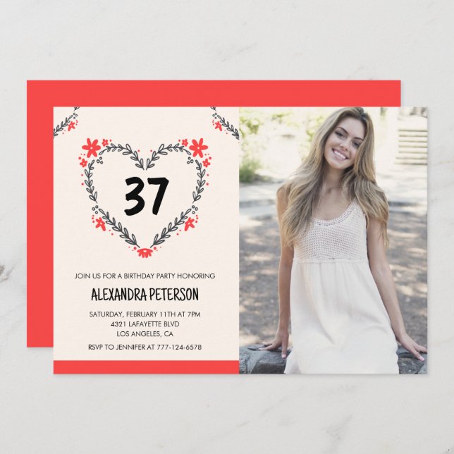 Invitación Elegante Corazón Rojo Floral por su 37 cumpleaños (Anverso / Reverso)