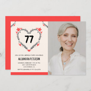 Invitación Elegante Corazón Rojo Floral por su 77 cumpleaños
