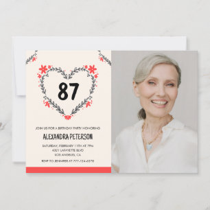 Invitación Elegante Corazón Rojo Floral por su 87 cumpleaños