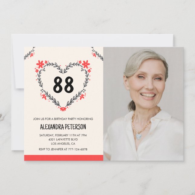 Invitación Elegante Corazón Rojo Floral por su 88 cumpleaños (Anverso)