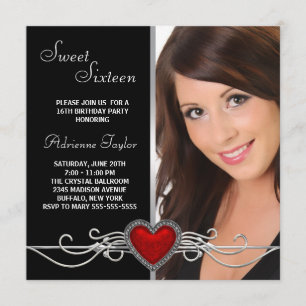 Invitación Elegante Corazón Rojo Foto Fiesta de Cumpleaños