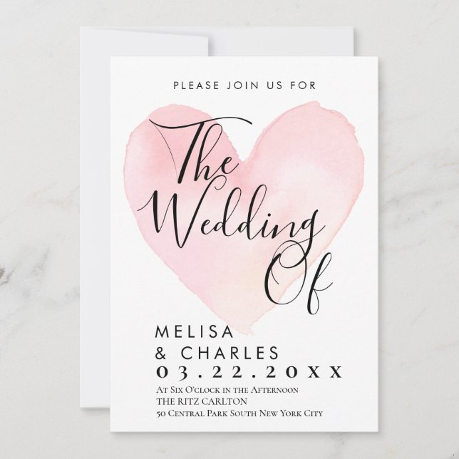 Invitación Elegante corazón rosa de guion blanco y negro (Anverso)