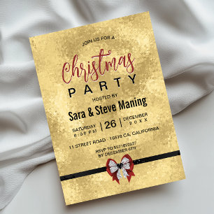 Invitación Elegante corbata de lazo roja dorada Navidad