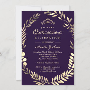 Invitación Elegante Corona de Acuarela Morada y Dorada para Q