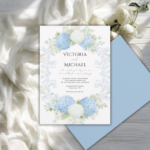 Invitación Elegante Corona de Bodas de Hortensias Azules y Bl