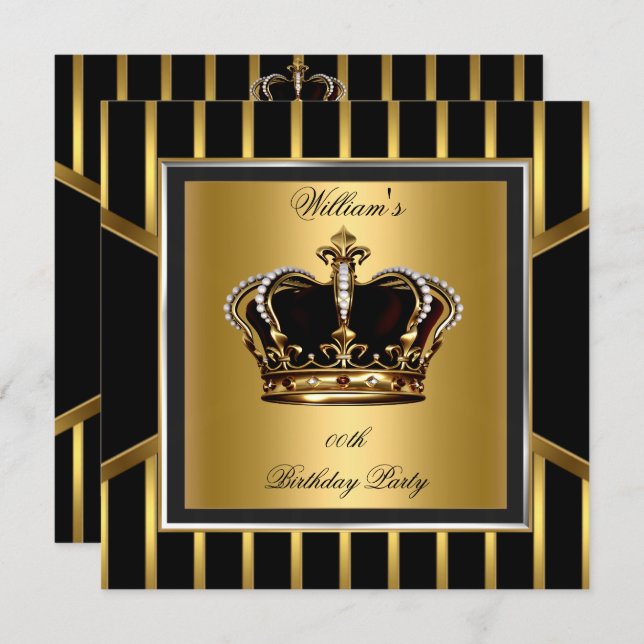 Invitación Elegante corona de cumpleaños de rayas negras de o (Anverso / Reverso)