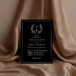 Invitación Elegante corona de monograma botánico negro para b