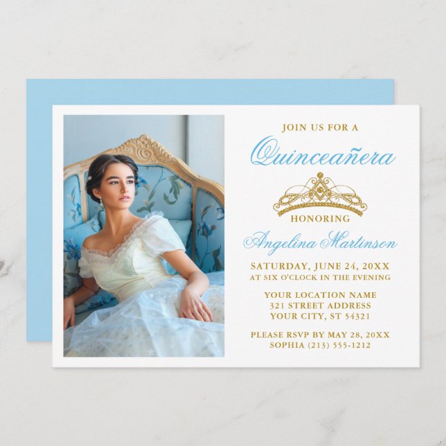 Invitación Elegante Corona de Oro Fotos Luz Azul Quinceanera (Anverso / Reverso)