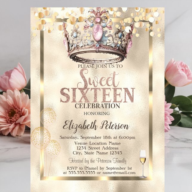 Invitación Elegante corona de princesa globos marco Dulces 16 (Subido por el creador)