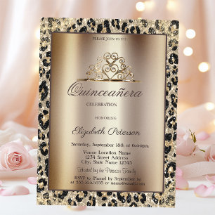 Invitación Elegante Corona Estampado de Leopardo Dulce Quince