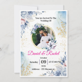 Invitación Elegante Corona Floral de Acuarela en Azul Polvori