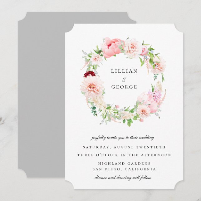 Invitación Elegante Corona Floral de Rosa Bodas (Anverso / Reverso)