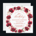 Invitación Elegante corona floral rosa roja 21 cumpleaños<br><div class="desc">Hermosas rosas rojas acuarelas y peonías rosadas crean una corona de flores elegante para decorar esta invitación de 21 años. La caligrafía aporta un toque especial. Esta invitación de cumpleaños está disponible en el material tradicional y en una versión descargable. Forma parte de la colección Red Rose y Pink Peony....</div>