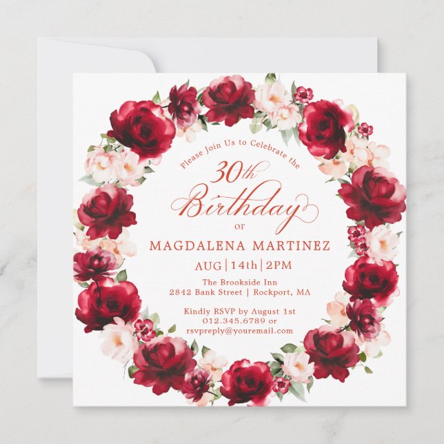 Invitación Elegante corona floral rosa roja 30 cumpleaños (Anverso)