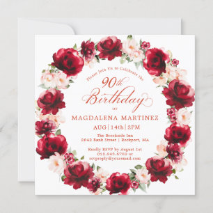 Invitación Elegante corona floral rosa roja 90 cumpleaños