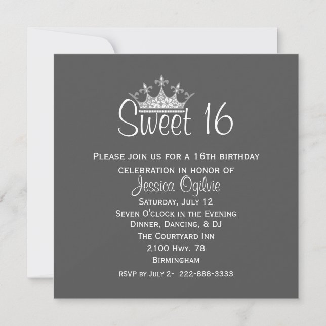 Invitación Elegante Corona Gris y Dulce Blanco 16 cumpleaños (Anverso)
