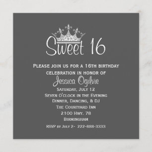 Invitación Elegante Corona Gris y Dulce Blanco 16 cumpleaños