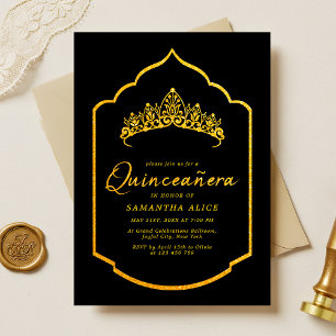 Invitación Elegante Corona Negra y Quinceanera de Oro