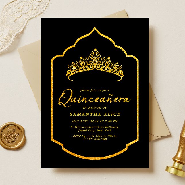 Invitación Elegante Corona Negra y Quinceanera de Oro (Subido por el creador)