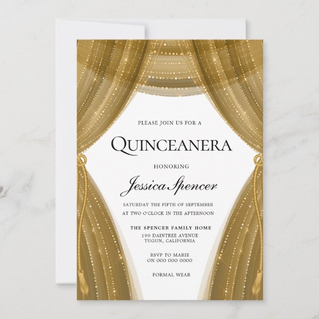 Invitación Elegante Cortina Dorada Moderna Fiesta Quinceanera (Anverso)