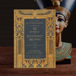 Invitación Elegante cosecha dorada azul de cumpleaños con tem