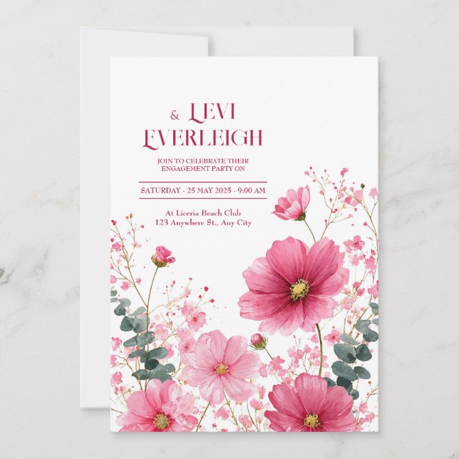 Invitación Elegante Cosmos Rosa Eucalipto Acuarela (Anverso)