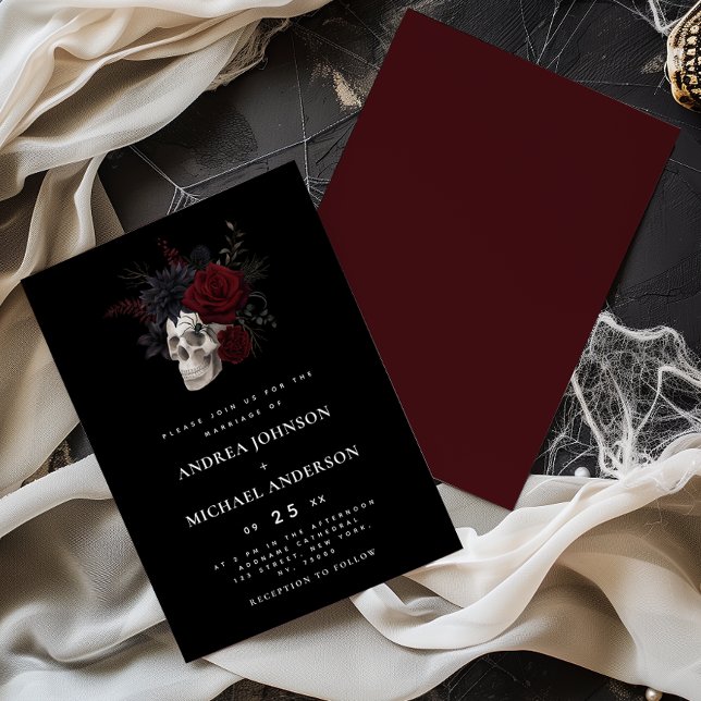 Invitación Elegante cráneo floral Boda de Halloween rojo (Subido por el creador)