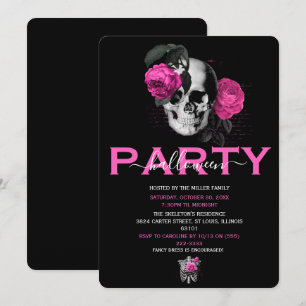 Invitación Elegante cráneo floral rosa caliente para fiesta d
