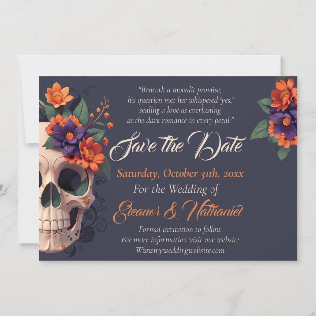 Invitación Elegante cráneo gótico de flores 3D Guardar la fec (Reverso)