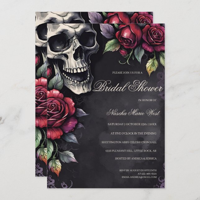 Invitación Elegante cráneo gótico y ducha de Rosas (Anverso / Reverso)