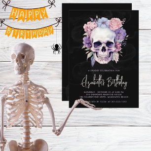 Invitación Elegante cráneo y floral gótico cumpleaños de Hall